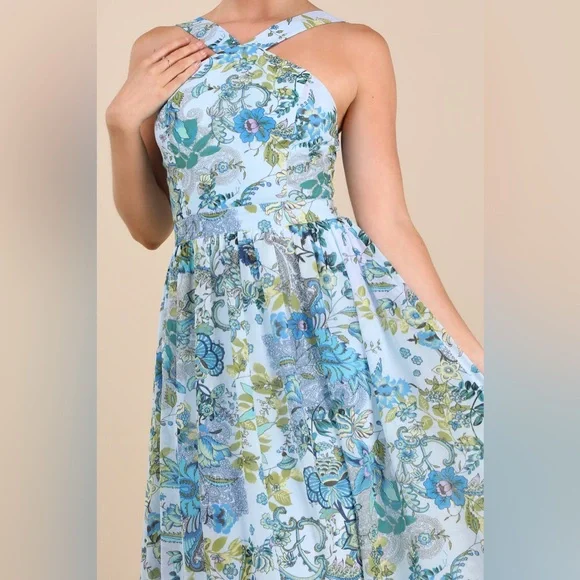 NWT Lulus Lilja Blue Floral Print Maxi Dress | Medium - Picture 2 of 10
